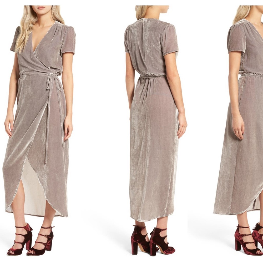 Wayf Champagne Velvet Wrap Dress